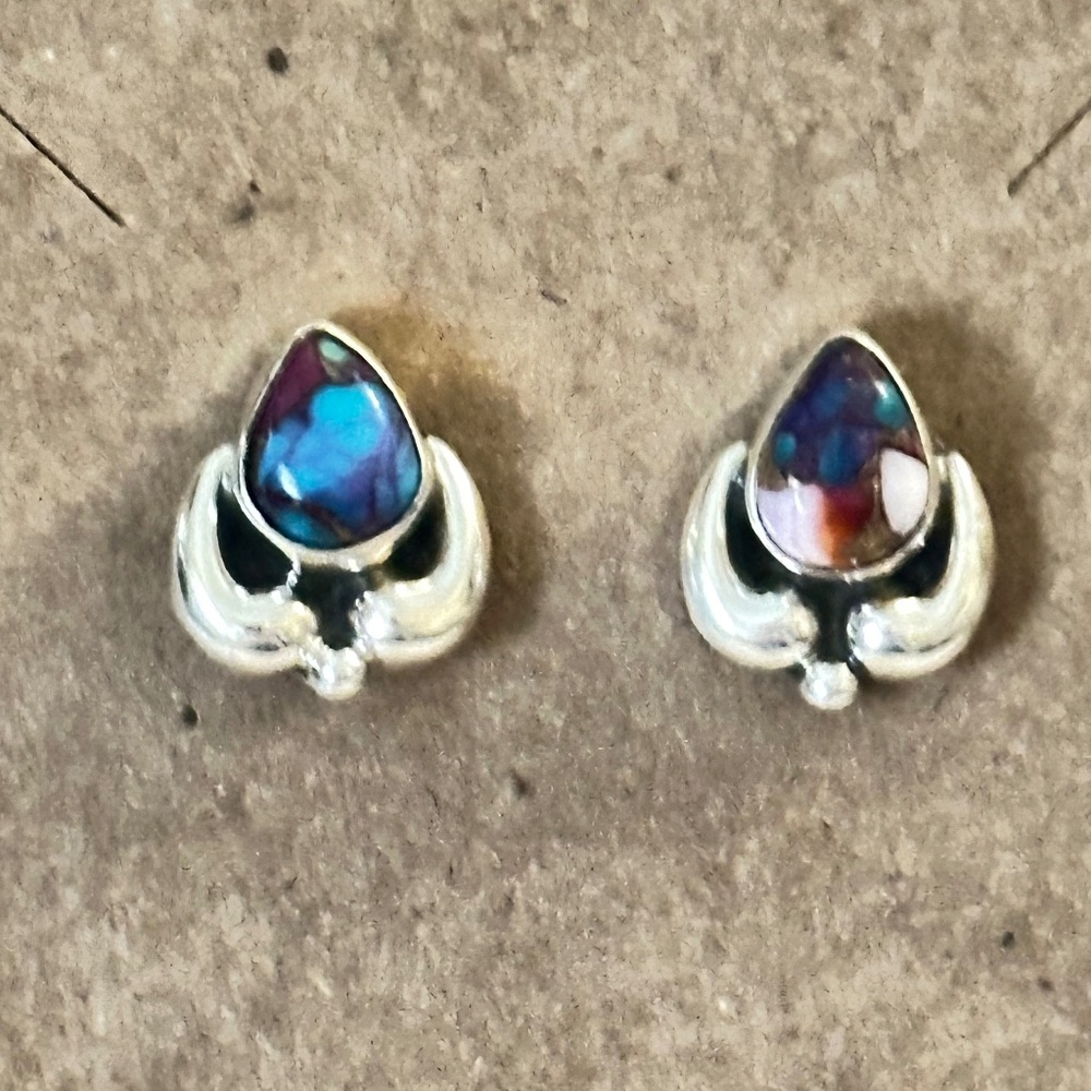 925 Sterling Silver Pink Dahlia pear cut stud earrings Pink Copper Turquoise